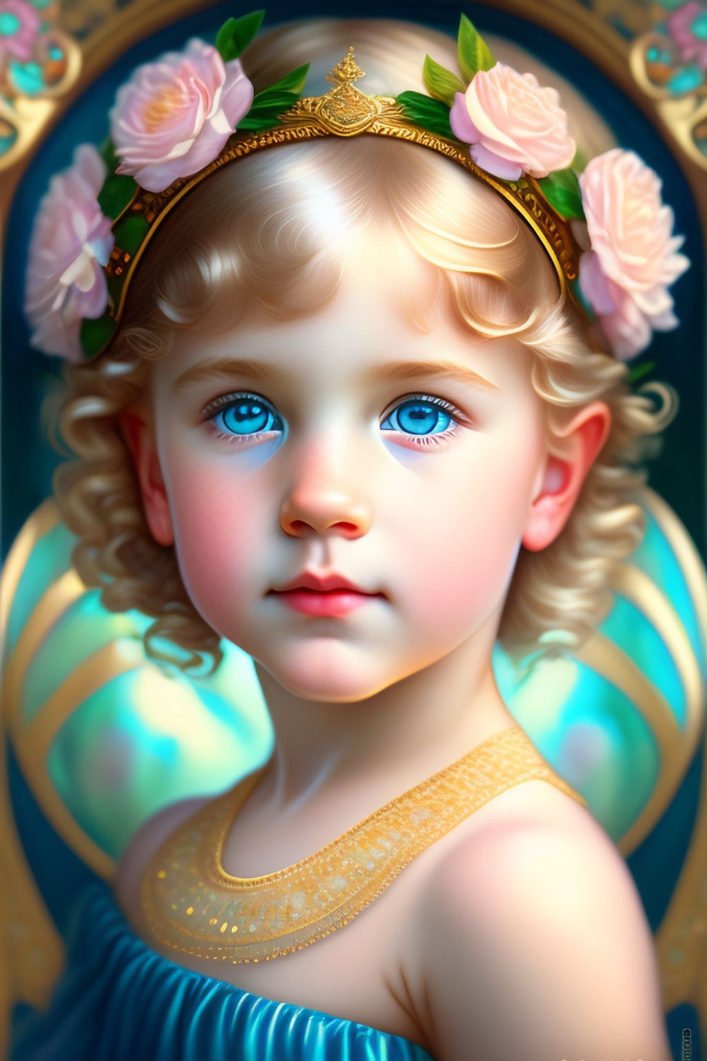 Маленькие принцессы с золотыми украшениями, их светлые кудряшки короткие.